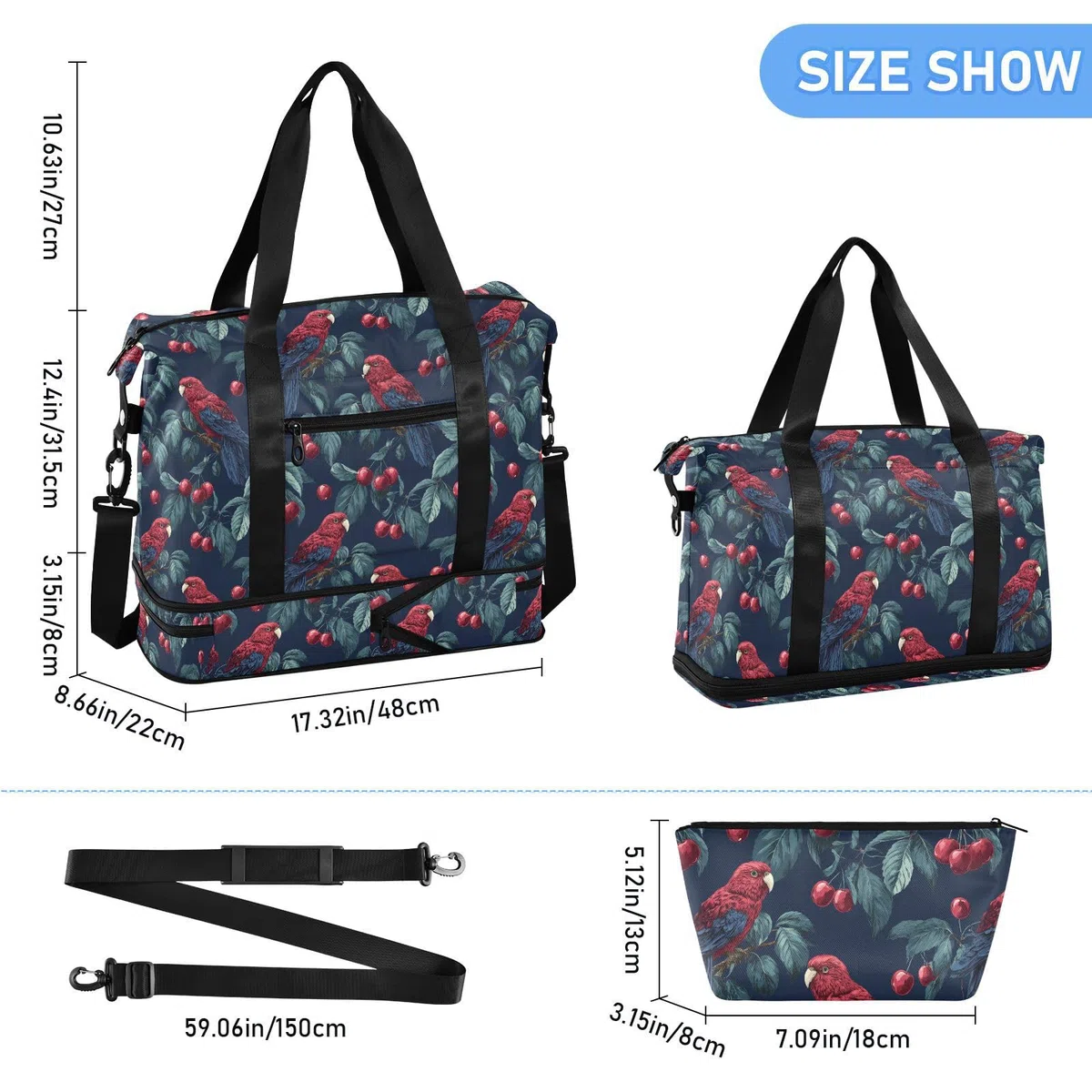 Składana torba typu tote Tropical Kea Cherry ciemnoniebieska torba podręczna z regulowanym paskiem do treningu